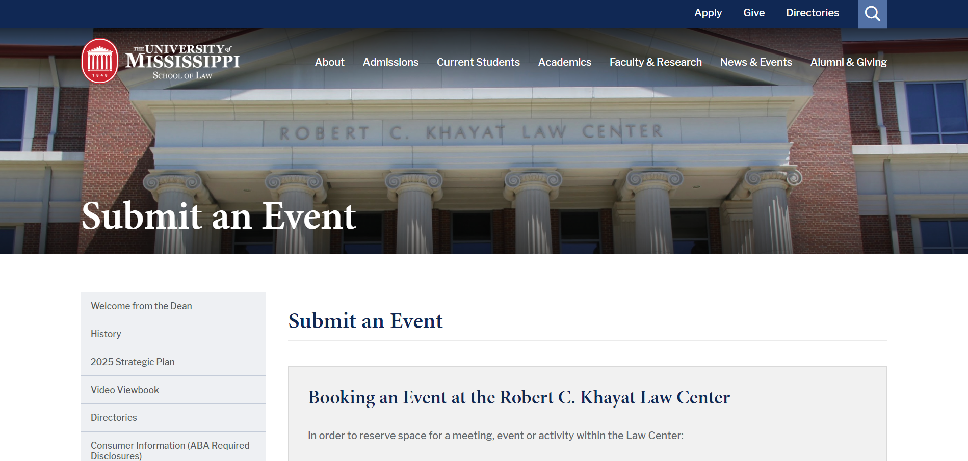 University of Mississippi Submit An Event Page
